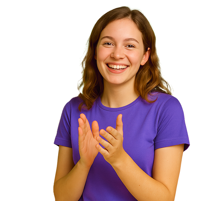 Image d'une étudiante en chandail mauve qui applaudit